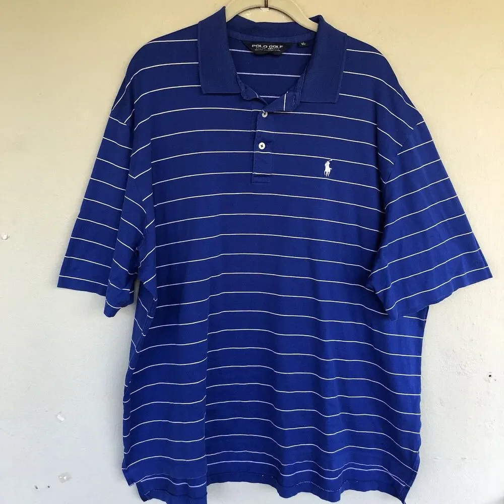 Polo Golf Ralph Lauren Shirt Men XL Blue White Striped Pima Cotton Golf Preppy